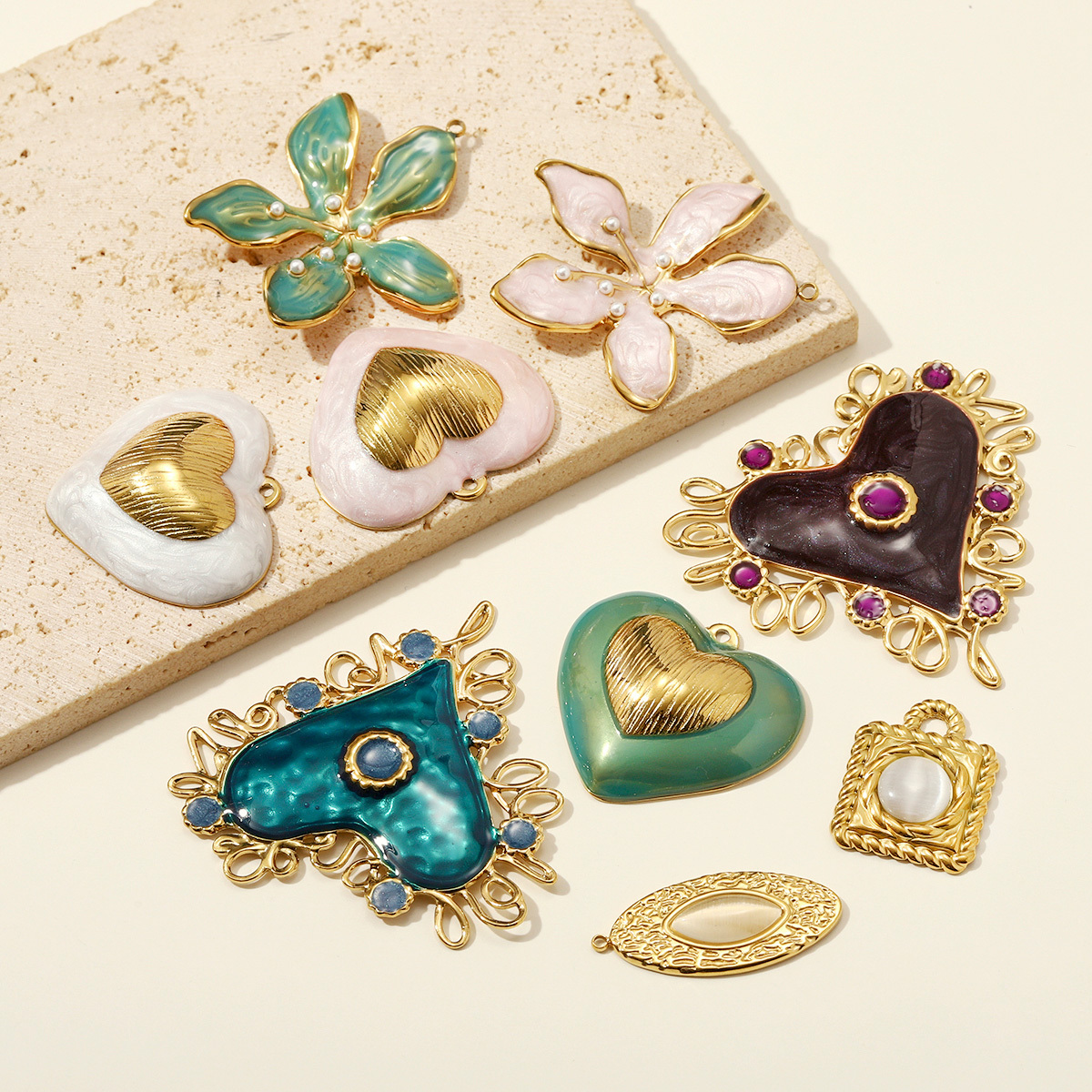 6pcs/pack Stainless Steel Cat Eye Suqare DIY Earring Charms Love Heart Necklace Pendants Woman Enamel Flower Jewelry Wholesale