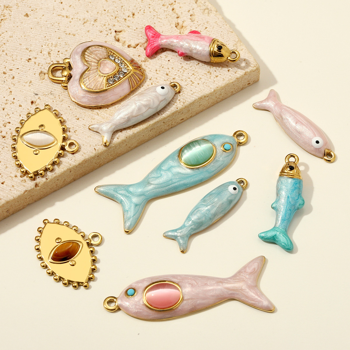 6pcs/pack Stainless Steel Natural Stone Evil Eye DIY Charms Enamel Fish Necklace Pendants Woman Heart Lock Jewelry Wholesale