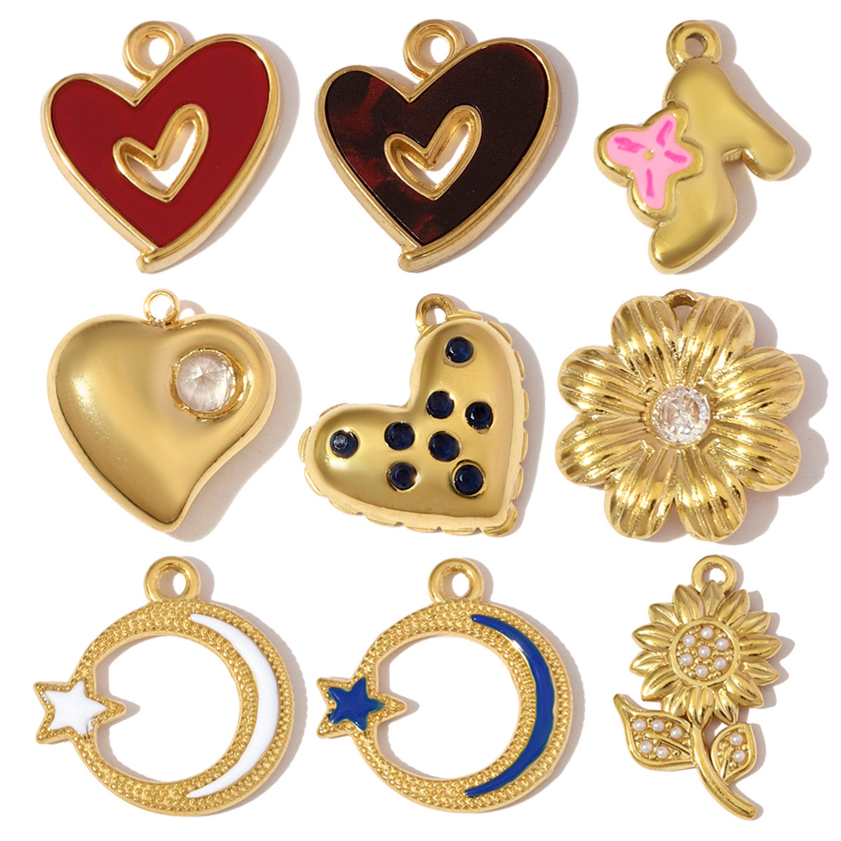 6pcs/pack Hollow Enamel Heart Stainless Steel Necklace Pendant Star Crescent Sunflower DIY Earring Charm Women High Heels Jewelry
