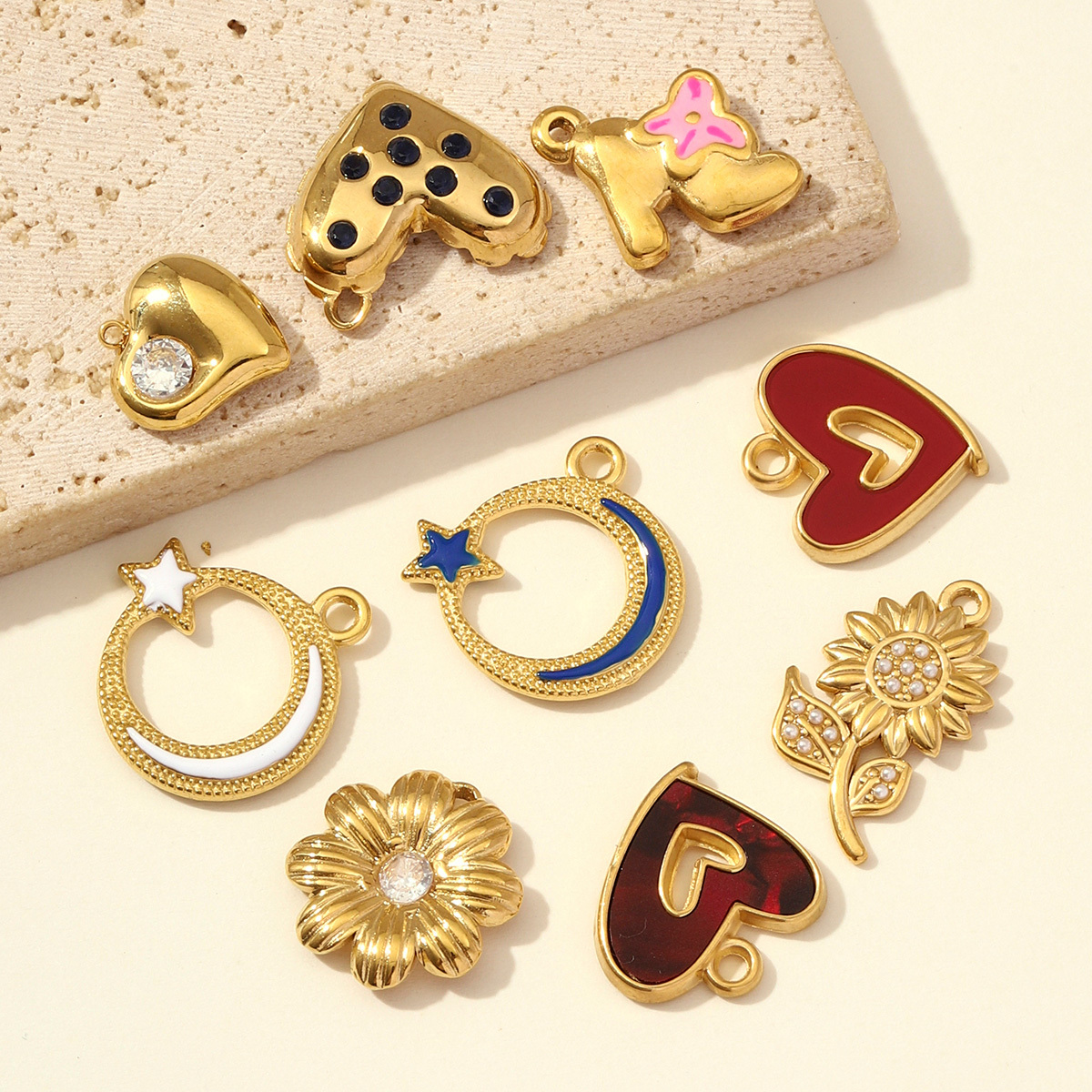 6pcs/pack Hollow Enamel Heart Stainless Steel Necklace Pendant Star Crescent Sunflower DIY Earring Charm Women High Heels Jewelry