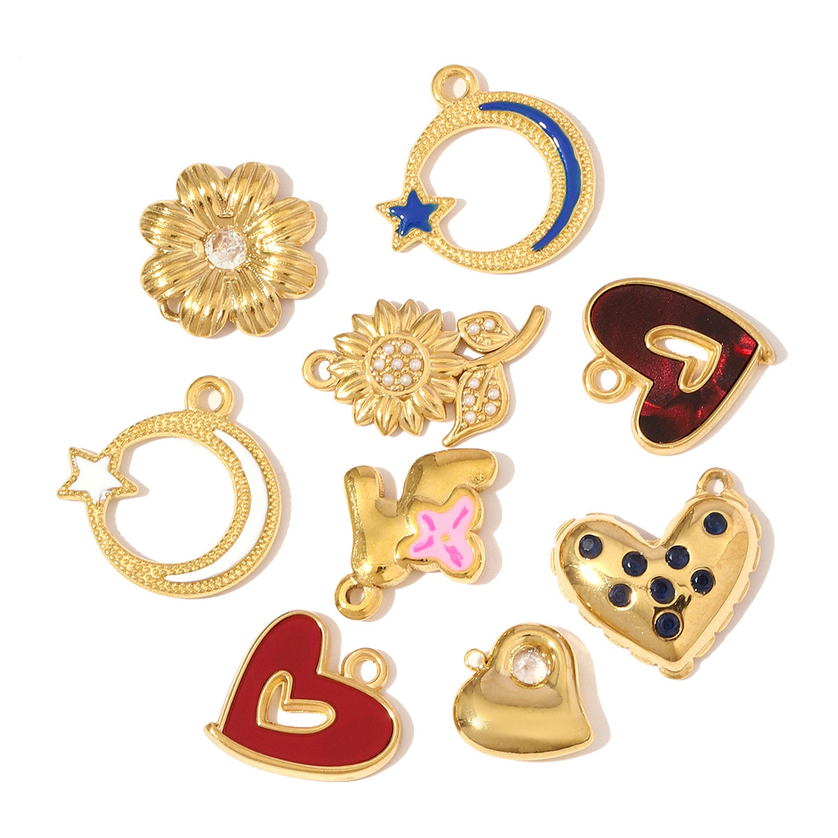 6pcs/pack Hollow Enamel Heart Stainless Steel Necklace Pendant Star Crescent Sunflower DIY Earring Charm Women High Heels Jewelry
