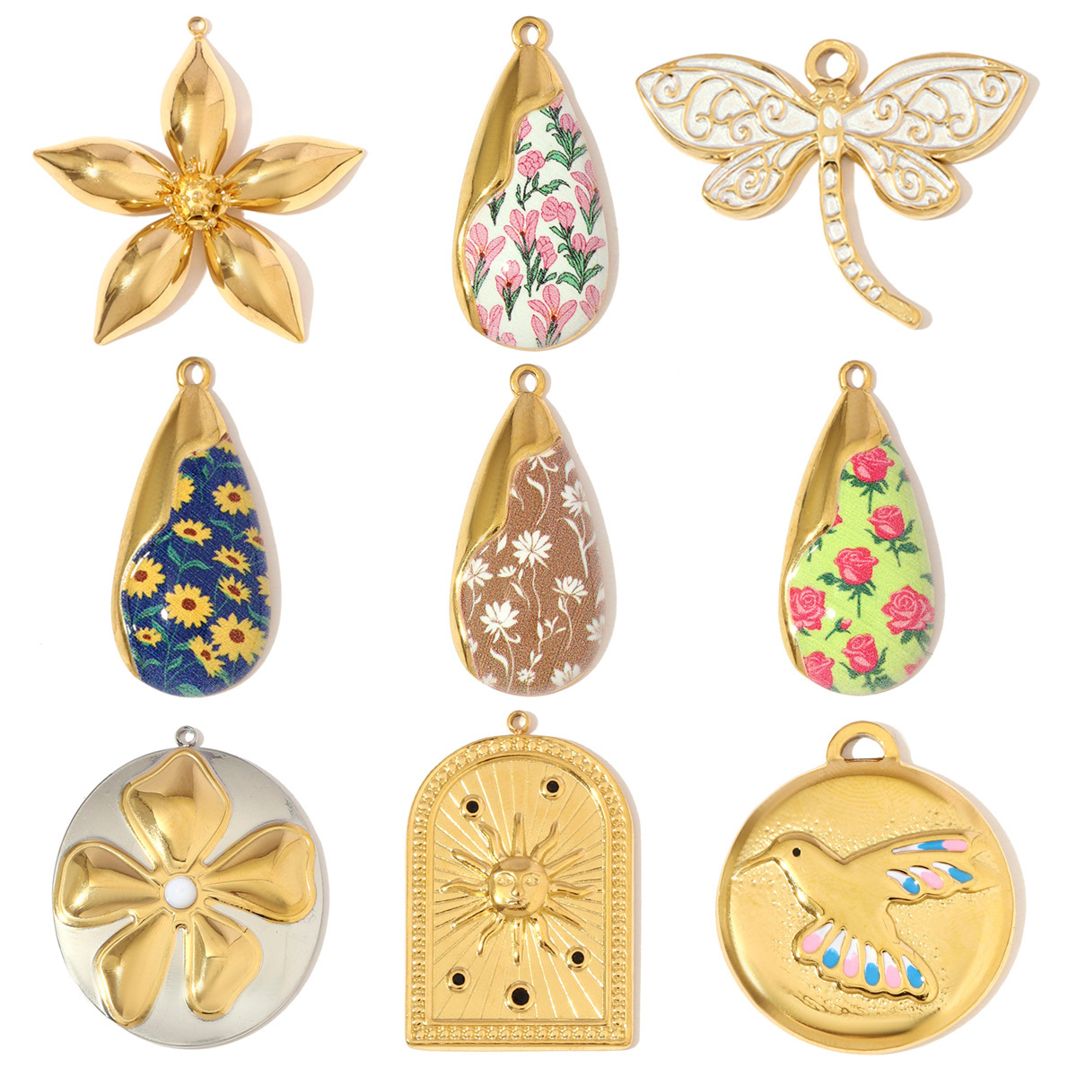 6pcs/pack Stainless Steel Enamel Dove Dragonfly Necklace Pendant Flower Waterdrop DIY Earring Charm Women Sun Daisy Jewelry