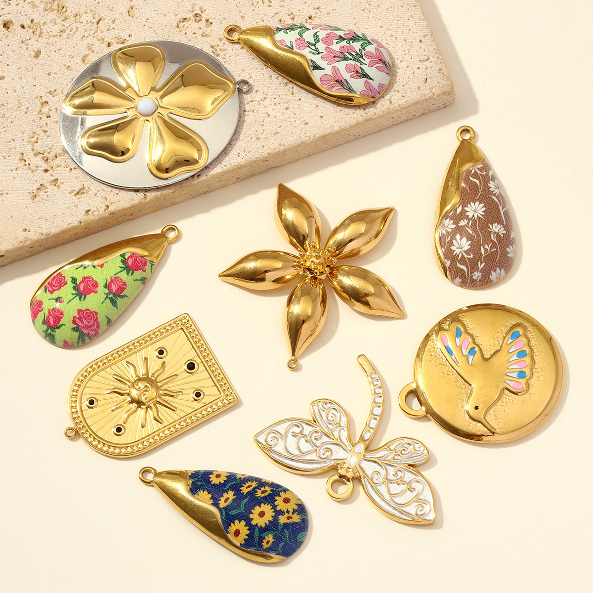 6pcs/pack Stainless Steel Enamel Dove Dragonfly Necklace Pendant Flower Waterdrop DIY Earring Charm Women Sun Daisy Jewelry