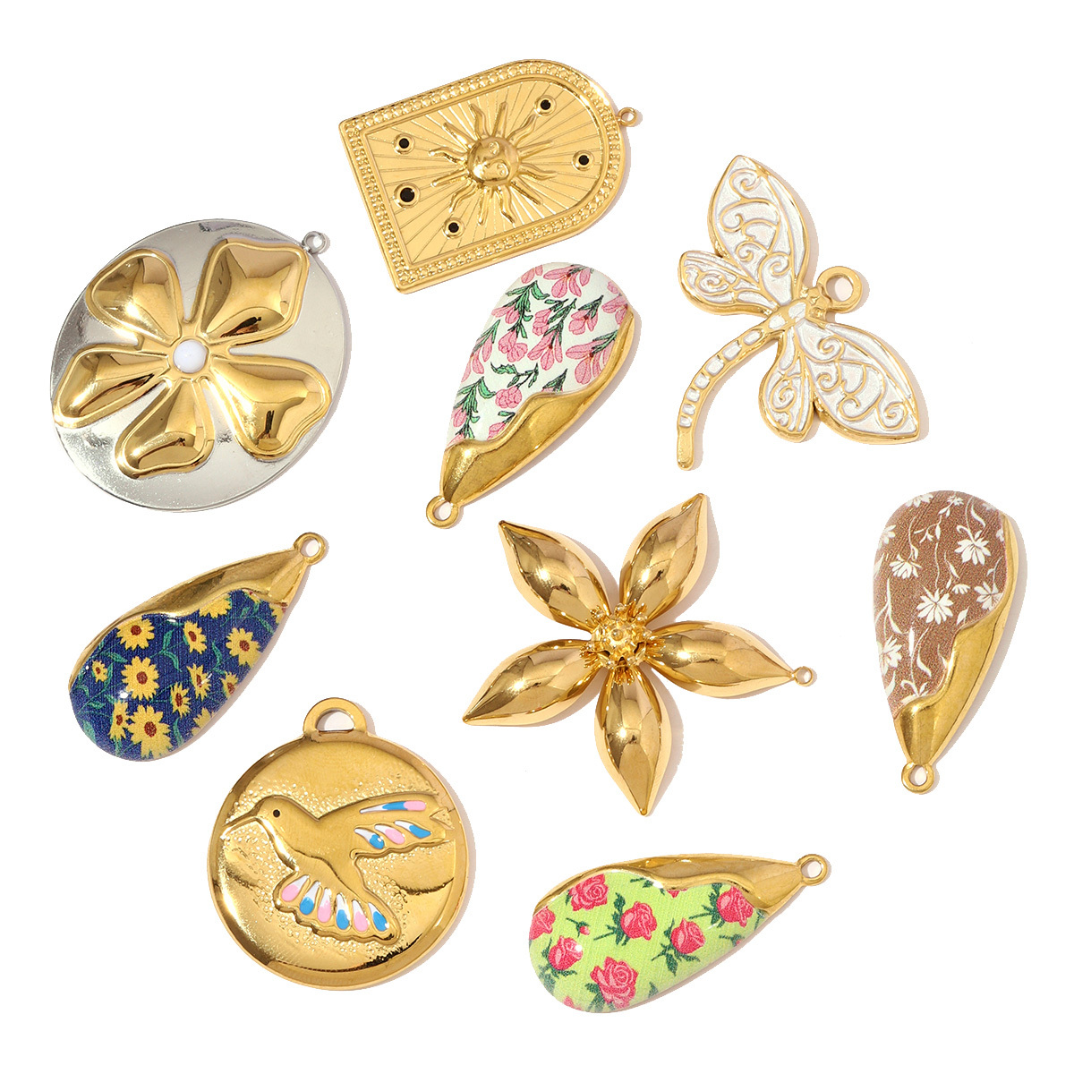 6pcs/pack Stainless Steel Enamel Dove Dragonfly Necklace Pendant Flower Waterdrop DIY Earring Charm Women Sun Daisy Jewelry