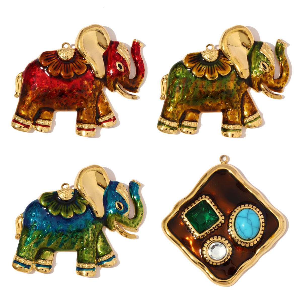 6pcs/pack Stainless Steel Enamel Thai Elephant Necklace Pendant Rhinestone SquareDIY Earring Charm Women Hot Sales Jewelry