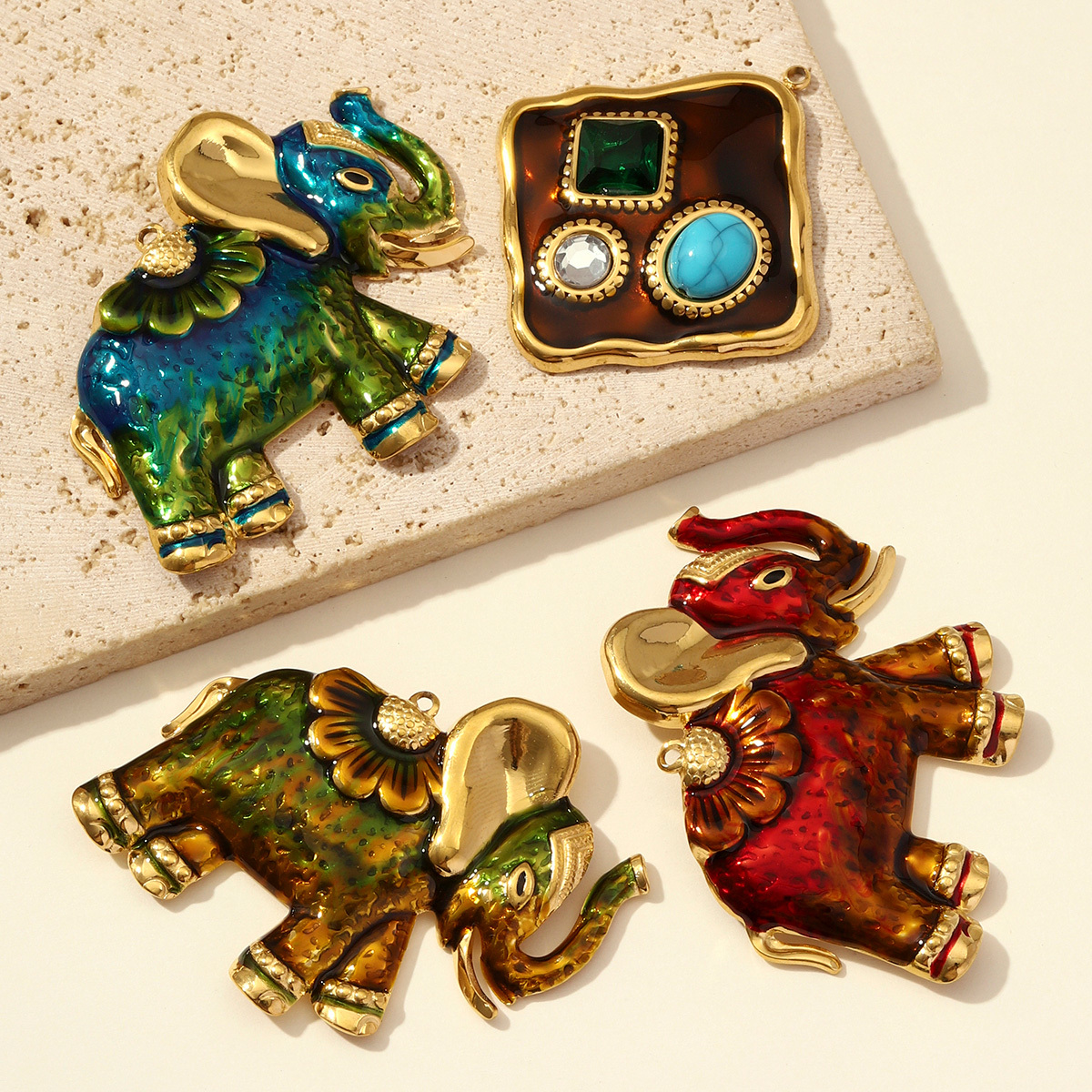 6pcs/pack Stainless Steel Enamel Thai Elephant Necklace Pendant Rhinestone SquareDIY Earring Charm Women Hot Sales Jewelry