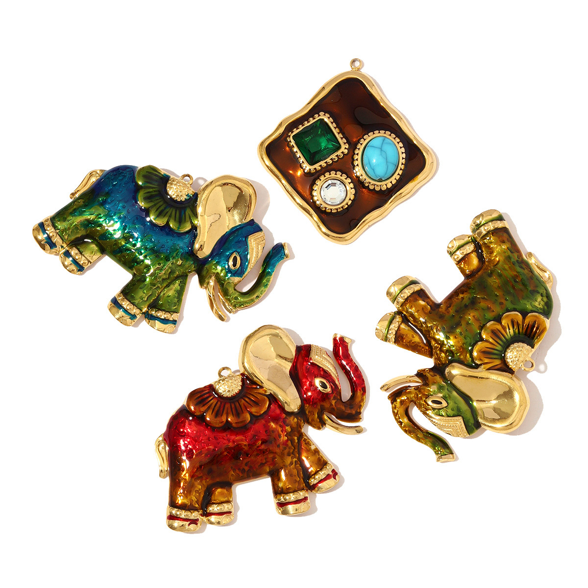 6pcs/pack Stainless Steel Enamel Thai Elephant Necklace Pendant Rhinestone SquareDIY Earring Charm Women Hot Sales Jewelry