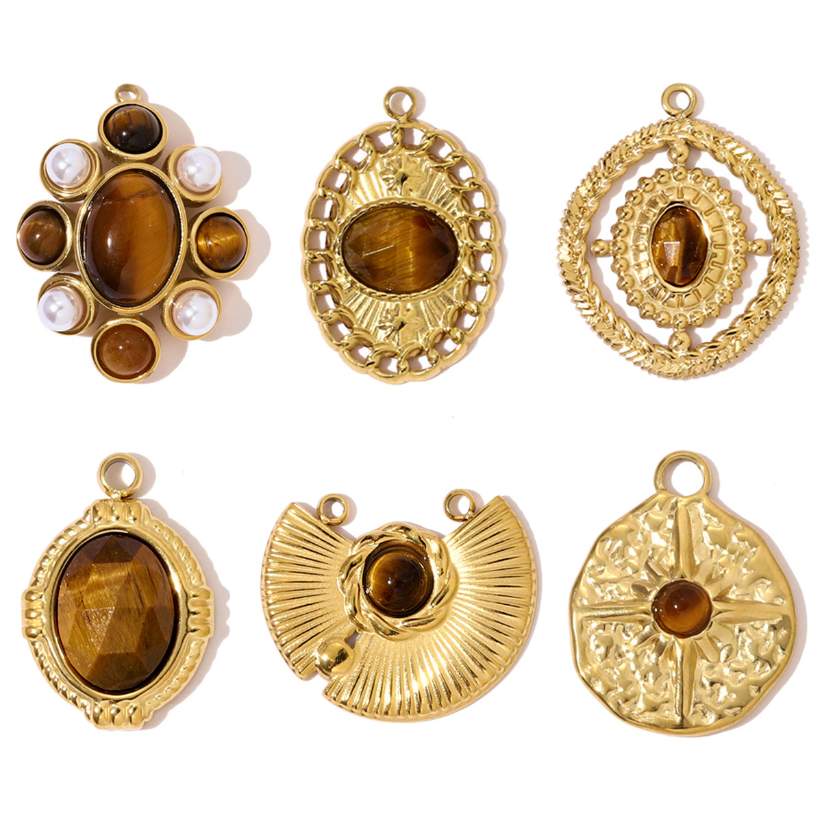 6pcs/pack French Stainless Steel Natural Tiger Eye Stone Nacklace Pendant Star Cross Oval DIY Charms Women Flower Leaf Jewelry