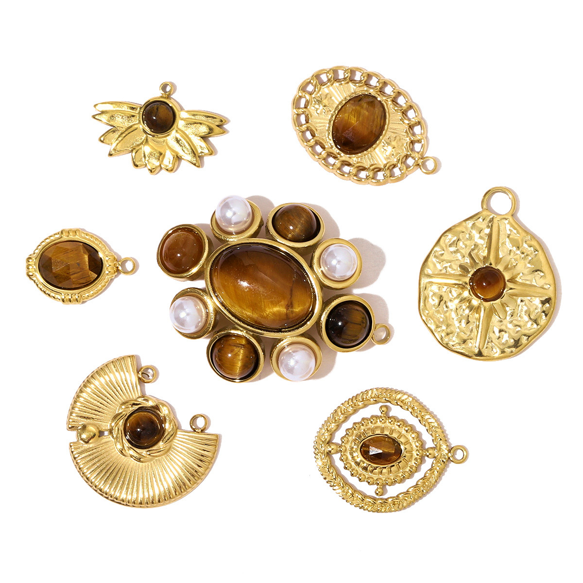 6pcs/pack French Stainless Steel Natural Tiger Eye Stone Nacklace Pendant Star Cross Oval DIY Charms Women Flower Leaf Jewelry