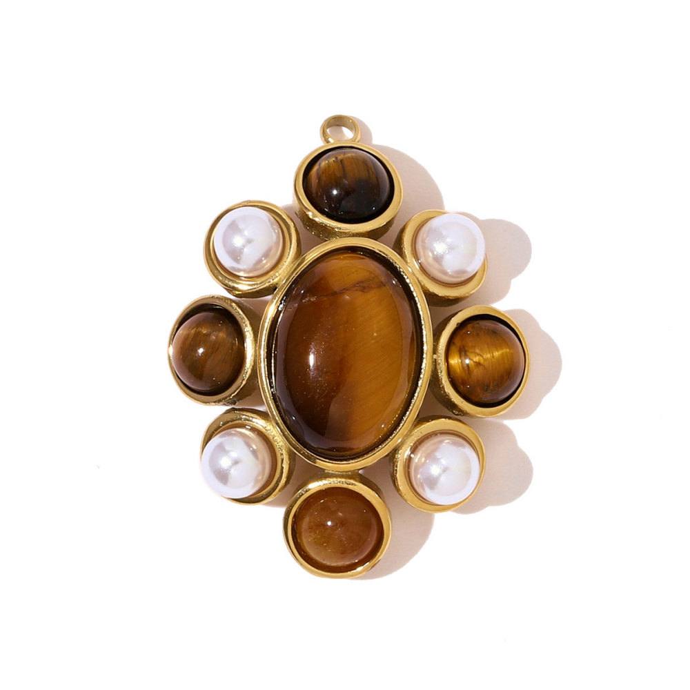 6pcs/pack French Stainless Steel Natural Tiger Eye Stone Nacklace Pendant Star Cross Oval DIY Charms Women Flower Leaf Jewelry