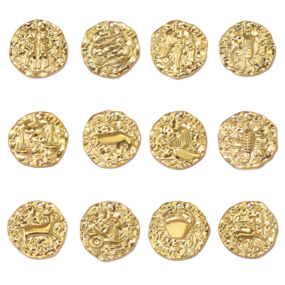 6pcs/pack Stainless Steel 18K Real Gold Plated Zodiac DIY Charms 12 Star Sign Necklace Pendants Woman 21mm Disc Jewelry Wholesale