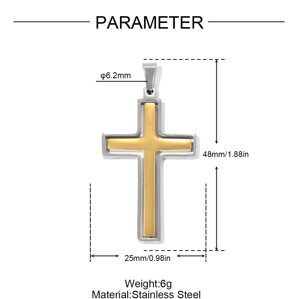 6pcs/pack Stainless Steel Cross Necklace Pendants 25x48mm Suqare Swivel Crucifix DIY Charms Man Two Tone  Jewelry Wholesale