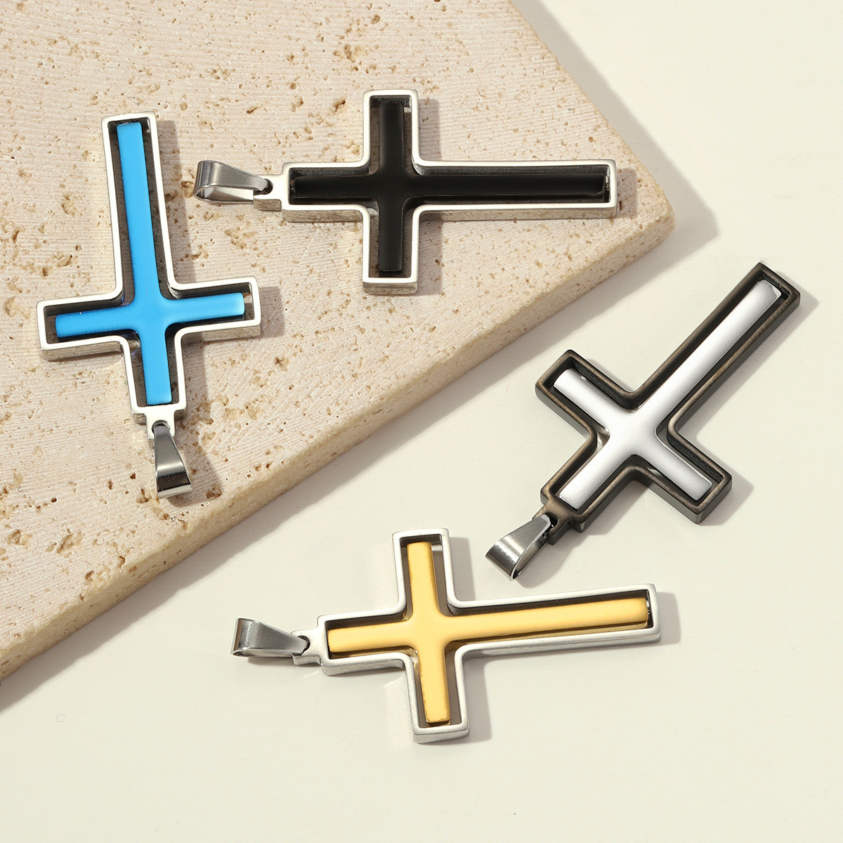 6pcs/pack Stainless Steel Cross Necklace Pendants 25x48mm Suqare Swivel Crucifix DIY Charms Man Two Tone  Jewelry Wholesale