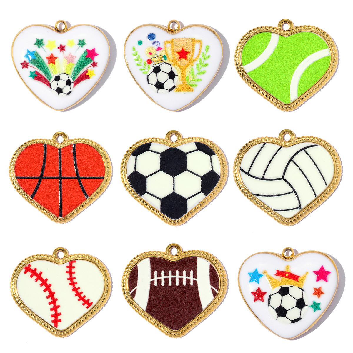 6pcs/pack Fashion Stainless Steel Basketball Tennis DIY Charms Heart Shaped Trophy Necklace Pendants Sporty Style Jewelry Wholesale