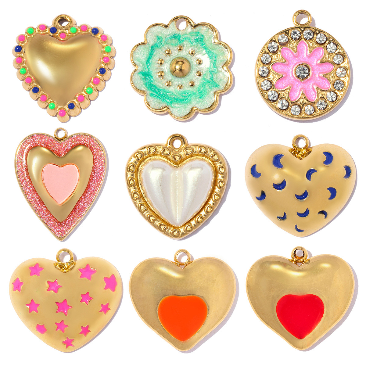 6pcs/pack Stainless Steel Rhinestone Flower DIY Earring Charms Enamel Star Moon Necklace Pendants Heart Shoe Accessory Wholesale