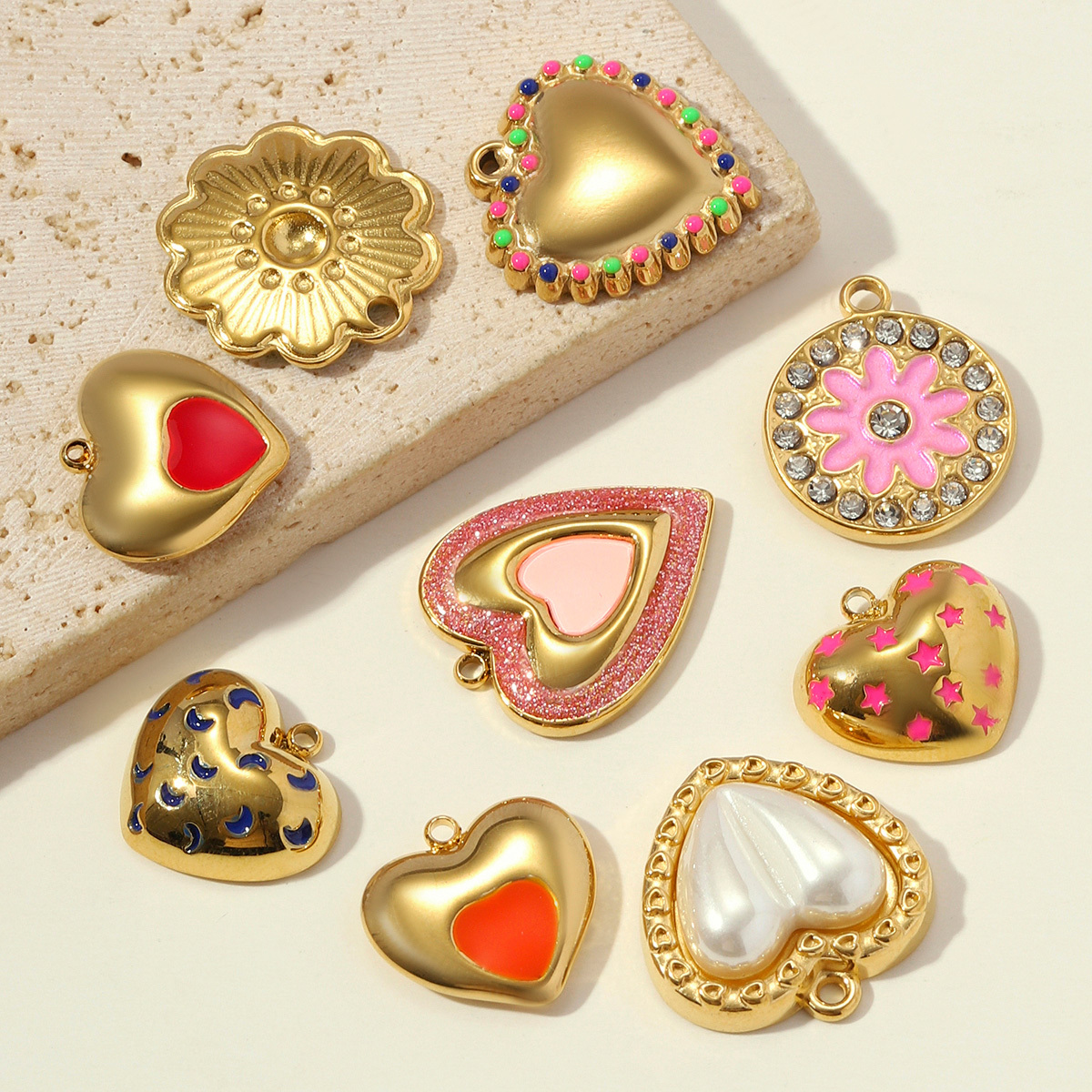 6pcs/pack Stainless Steel Rhinestone Flower DIY Earring Charms Enamel Star Moon Necklace Pendants Heart Shoe Accessory Wholesale