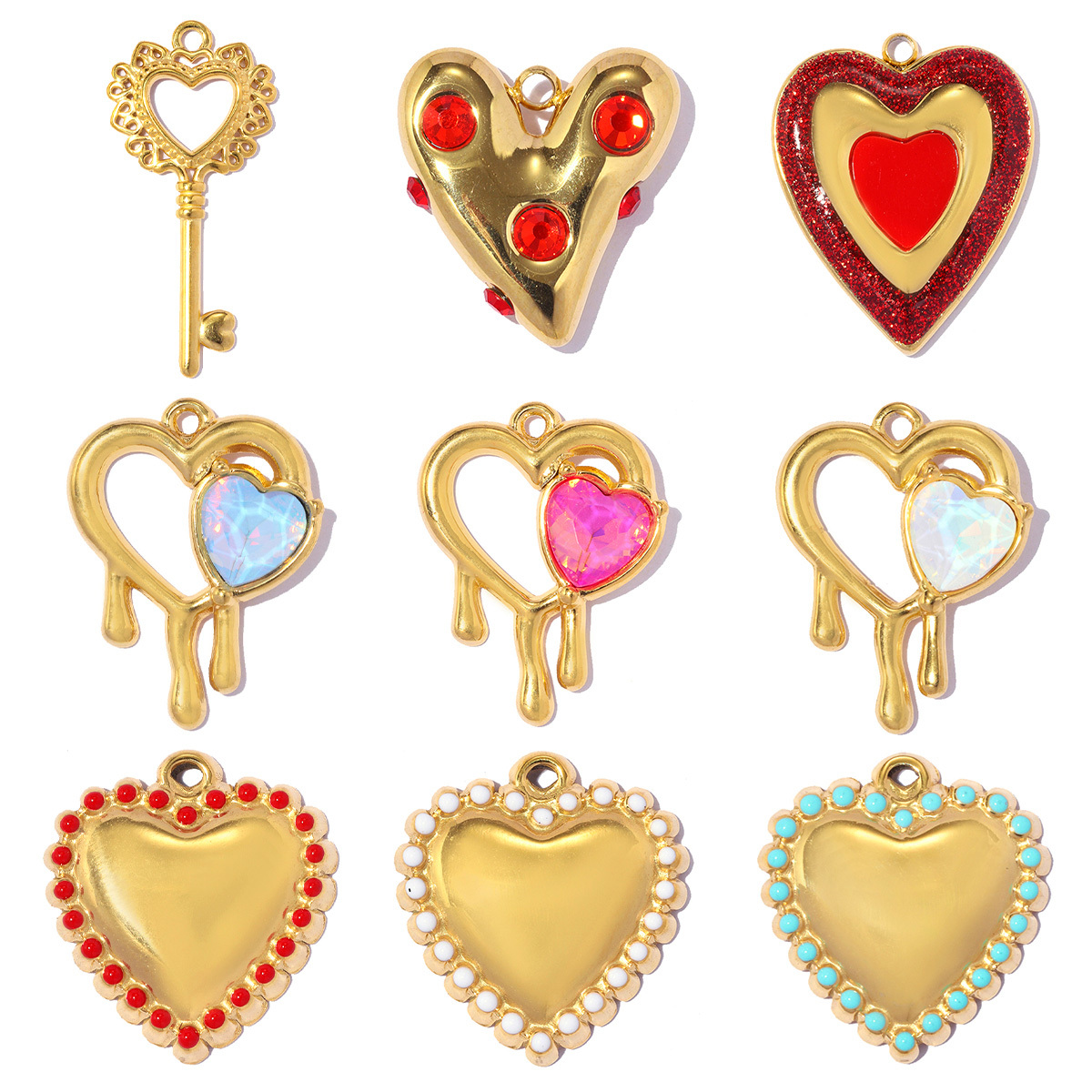 6pcs/pack Stainless Steel Rhinestone Love Heart DIY Earring Charms Flower Key Necklace Pendants Enamel Shoe Accessory Wholesale