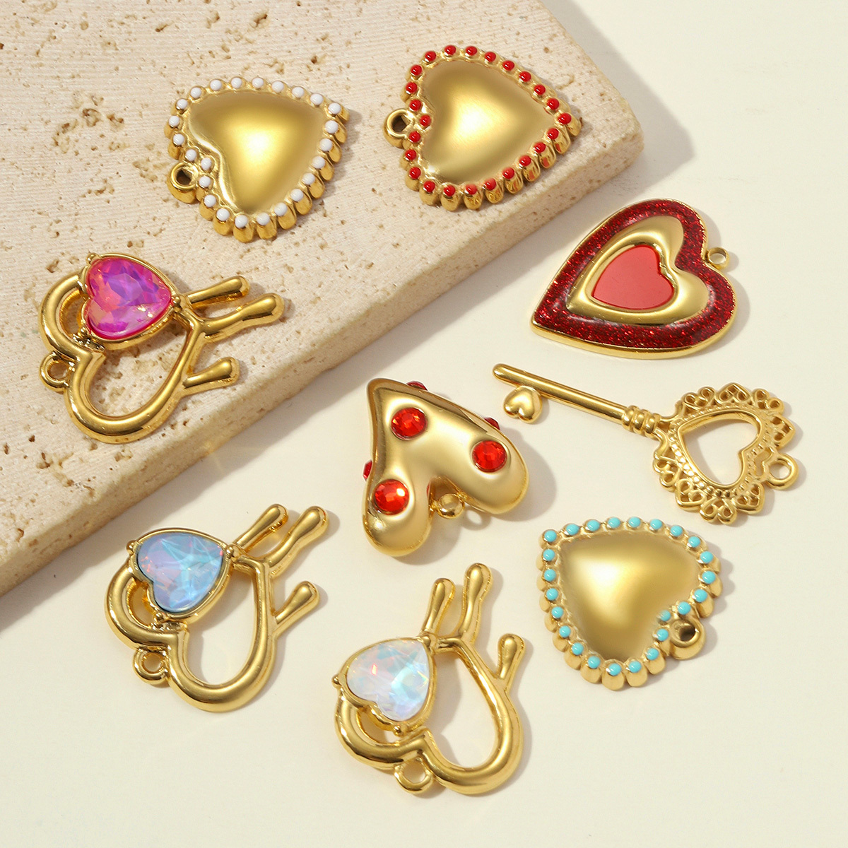 6pcs/pack Stainless Steel Rhinestone Love Heart DIY Earring Charms Flower Key Necklace Pendants Enamel Shoe Accessory Wholesale