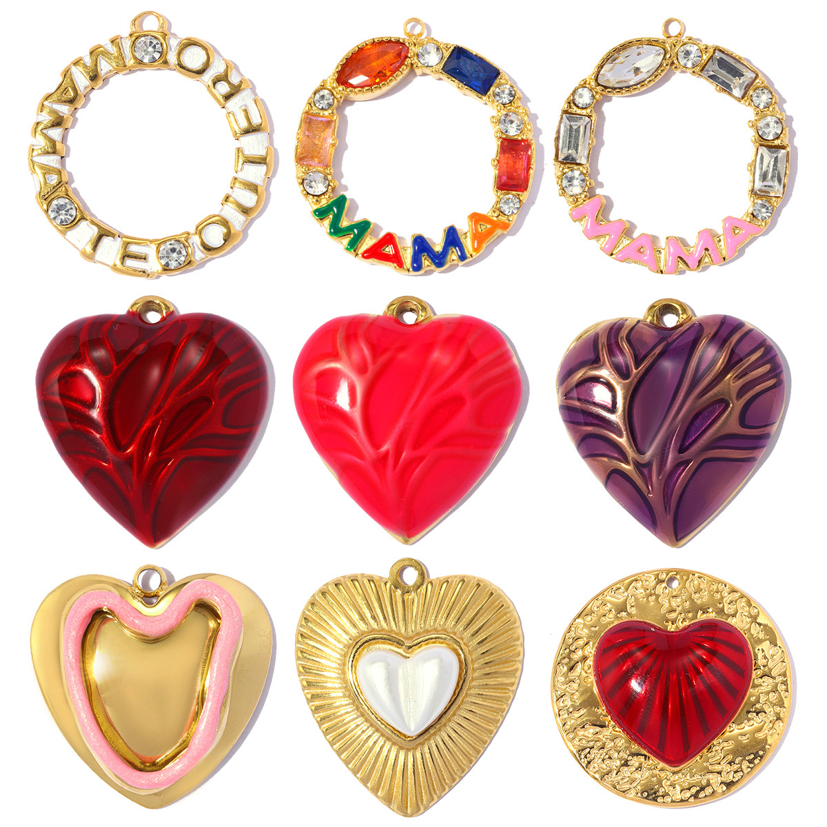 6pcs/pack Stainless Steel Rhinestone Te Quiero MAMA DIY Charm Enamel Love Heart Necklace Pendant Woman Mother'Day Gift Jewelry