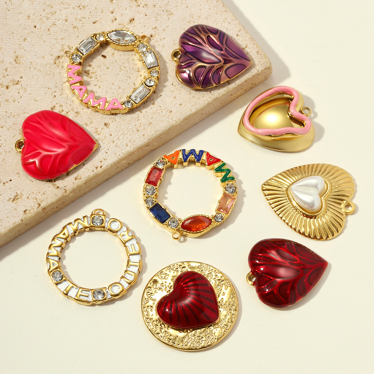 6pcs/pack Stainless Steel Rhinestone Te Quiero MAMA DIY Charm Enamel Love Heart Necklace Pendant Woman Mother'Day Gift Jewelry