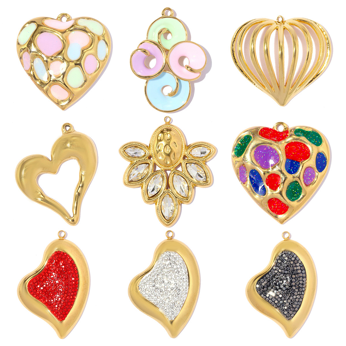 6pcs/pack Stainless Steel Rhinestone Leaf DIY Earring Charms Sparkling Love Heart Necklace Pendant Woman Flower Jewelry Wholesale
