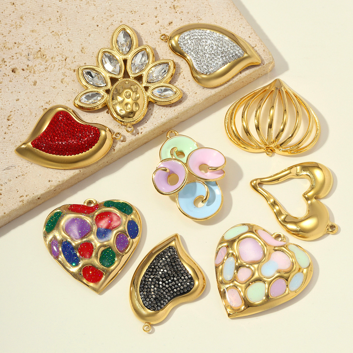 6pcs/pack Stainless Steel Rhinestone Leaf DIY Earring Charms Sparkling Love Heart Necklace Pendant Woman Flower Jewelry Wholesale