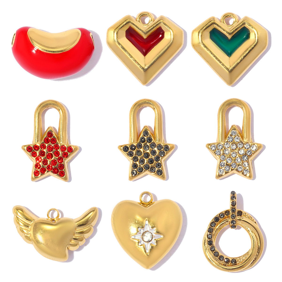 6pcs/pack Stainless Steel Rhinestone Star Lock DIY Bracelet Charm Red Bean Ring Necklace Pendant Woman Wing Heart Jewelry Wholesale