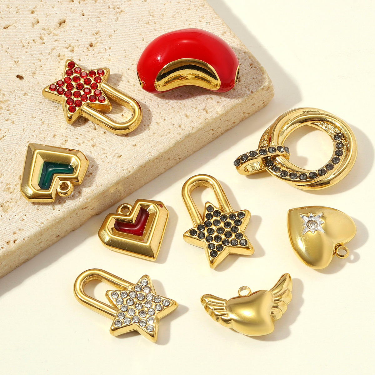 6pcs/pack Stainless Steel Rhinestone Star Lock DIY Bracelet Charm Red Bean Ring Necklace Pendant Woman Wing Heart Jewelry Wholesale