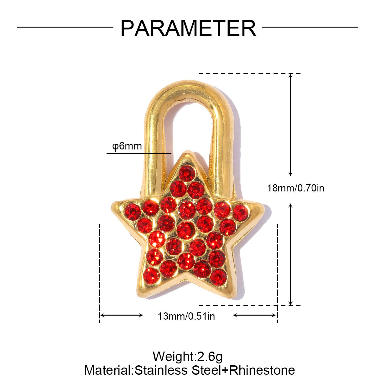 6pcs/pack Stainless Steel Rhinestone Star Lock DIY Bracelet Charm Red Bean Ring Necklace Pendant Woman Wing Heart Jewelry Wholesale