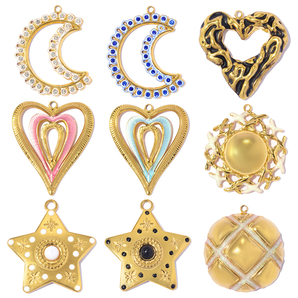 6pcs/pack Stainless Steel Rhinestone Crescent Moon DIY Earring Charm Enamel Sun Star Necklace Pendant Woman Heart Jewelry Wholesale