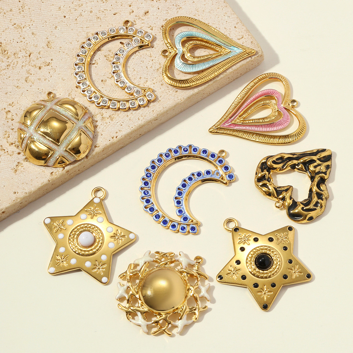 6pcs/pack Stainless Steel Rhinestone Crescent Moon DIY Earring Charm Enamel Sun Star Necklace Pendant Woman Heart Jewelry Wholesale