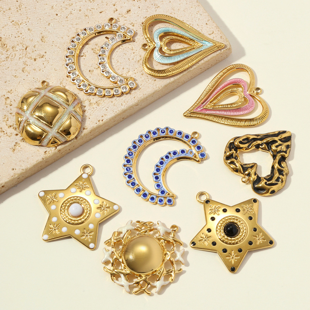 6pcs/pack Stainless Steel Rhinestone Crescent Moon DIY Earring Charm Enamel Sun Star Necklace Pendant Woman Heart Jewelry Wholesale