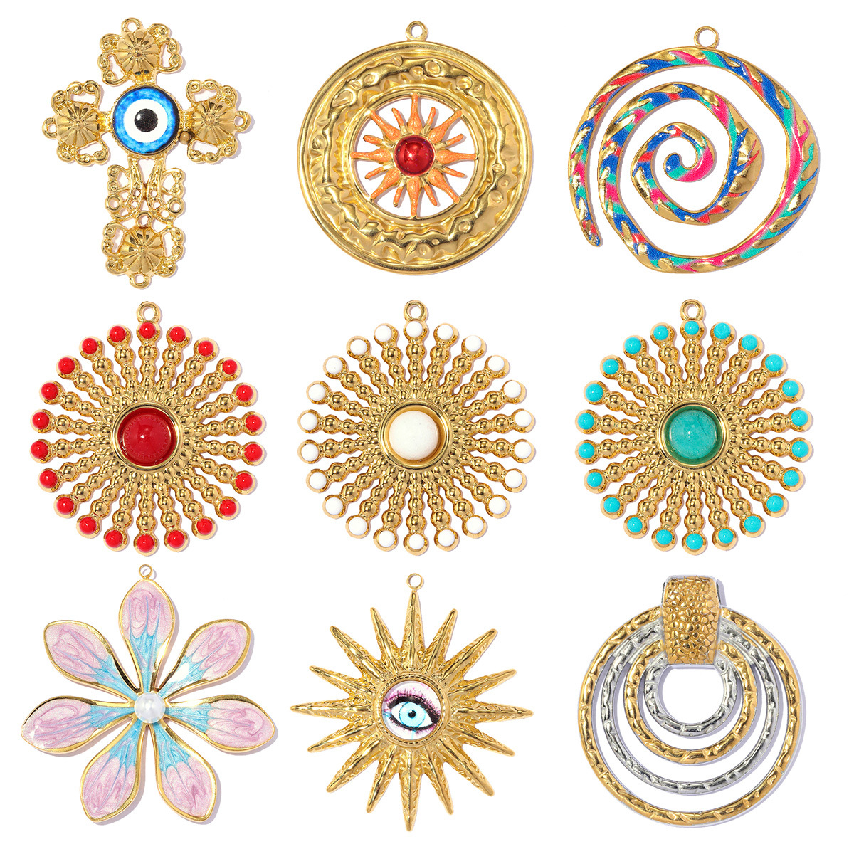 6pcs/pack Stainless Steel Enamel Evil Eye Cross DIY Earring Charms Natural Stone Sun Necklace Pendant Woman Flower Jewelry Wholesale