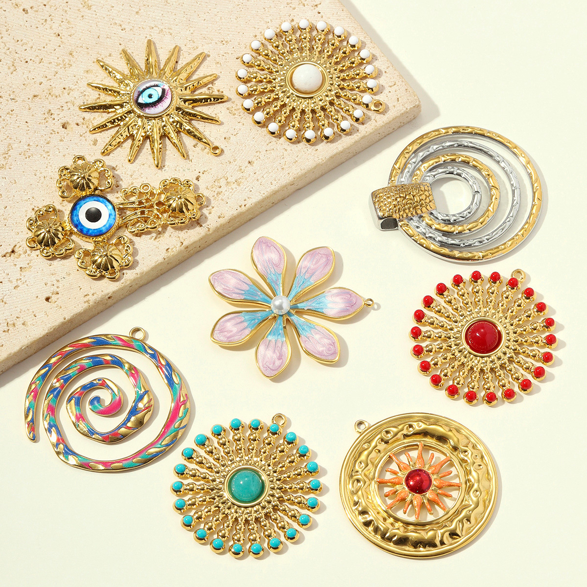 6pcs/pack Stainless Steel Enamel Evil Eye Cross DIY Earring Charms Natural Stone Sun Necklace Pendant Woman Flower Jewelry Wholesale