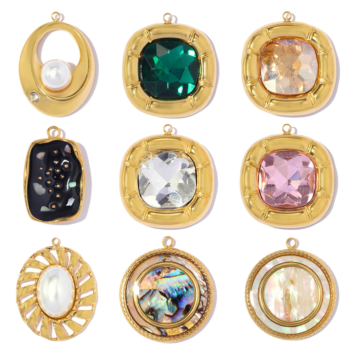 6pcs/pack Stainless Steel Zircon Small Square DIY Charms Abalone Shell Disc Necklace Pendant Woman ABS Pearl Sun Jewelry Wholesale