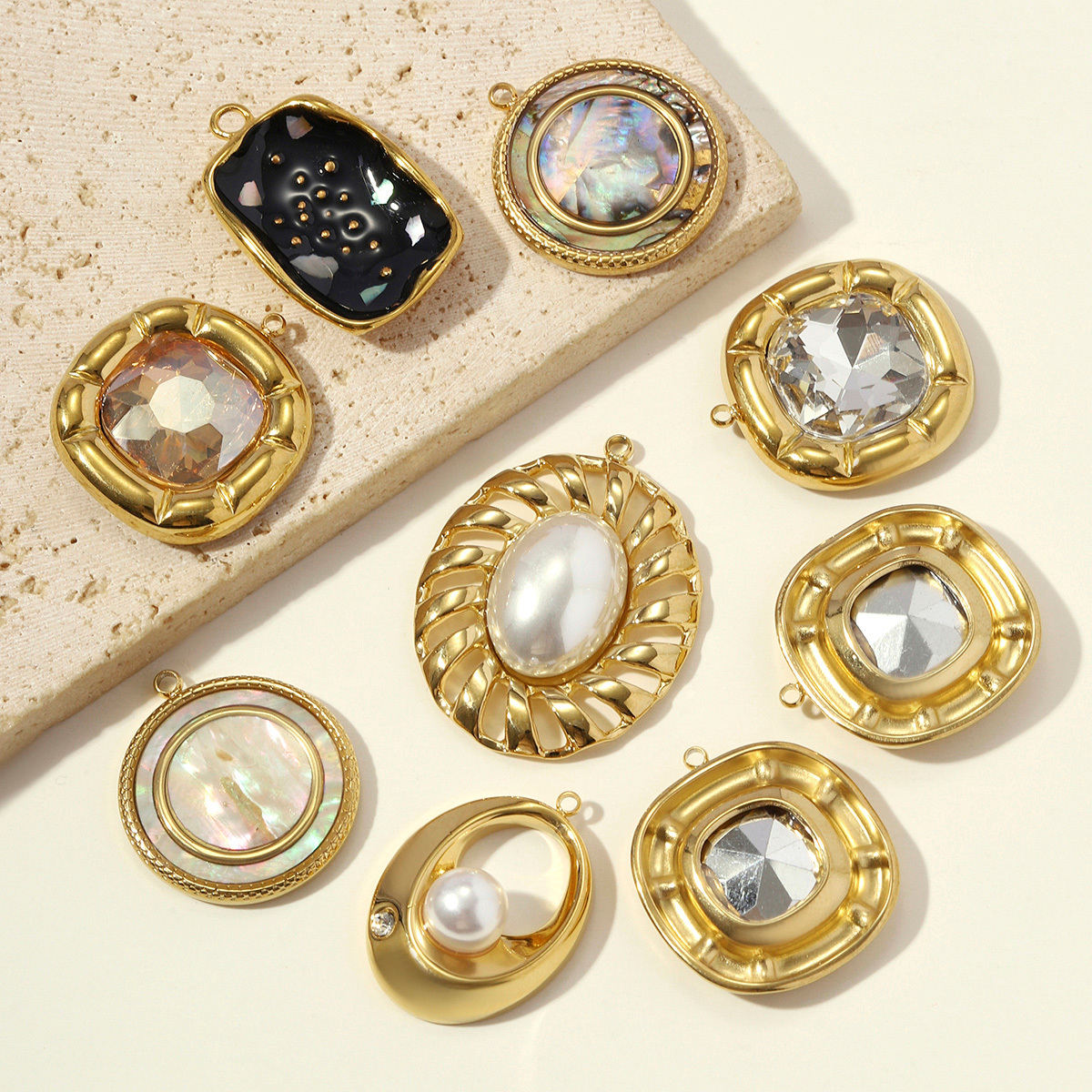 6pcs/pack Stainless Steel Zircon Small Square DIY Charms Abalone Shell Disc Necklace Pendant Woman ABS Pearl Sun Jewelry Wholesale