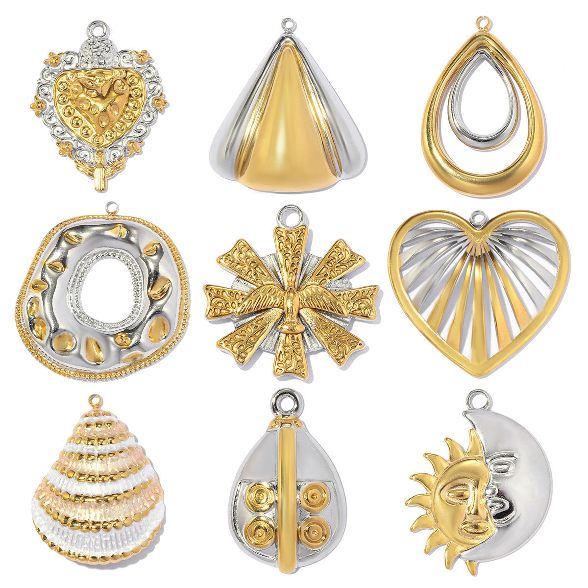 6pcs/pack Stainless Steel Two Tone Sun Moon DIY Charms Ladybug Heart Flower Necklace Pendant Woman Waterdrop Jewelry Wholesale