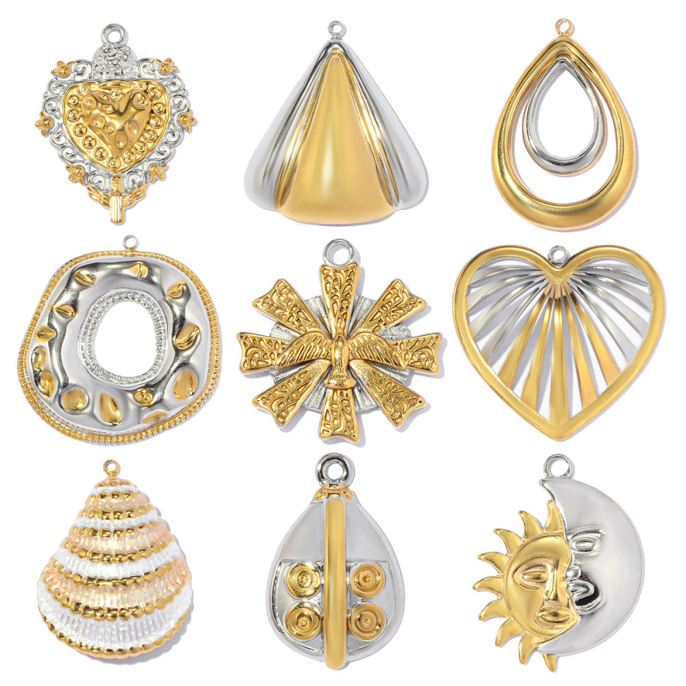 6pcs/pack Stainless Steel Two Tone Sun Moon DIY Charms Ladybug Heart Flower Necklace Pendant Woman Waterdrop Jewelry Wholesale