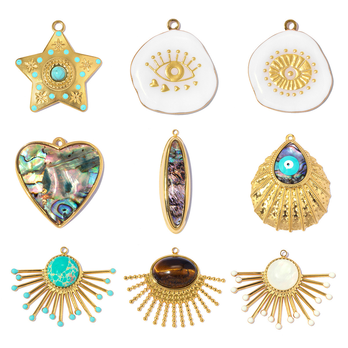6pcs/pack Stainless Steel Natural Stone Sunburst DIY Earring Charm Star Evil Eye Necklace Pendant Woman Abalone Shell Heart Jewelry