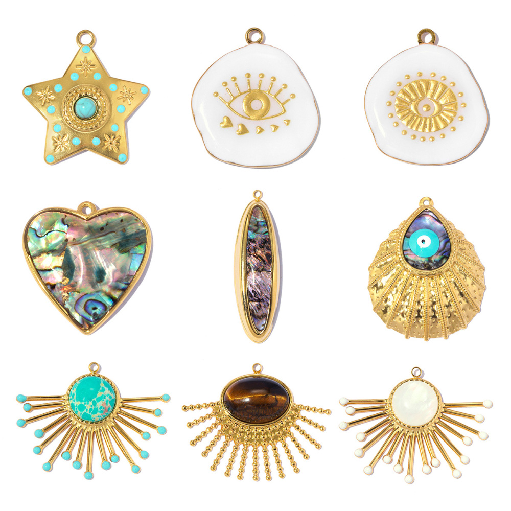 6pcs/pack Stainless Steel Natural Stone Sunburst DIY Earring Charm Star Evil Eye Necklace Pendant Woman Abalone Shell Heart Jewelry