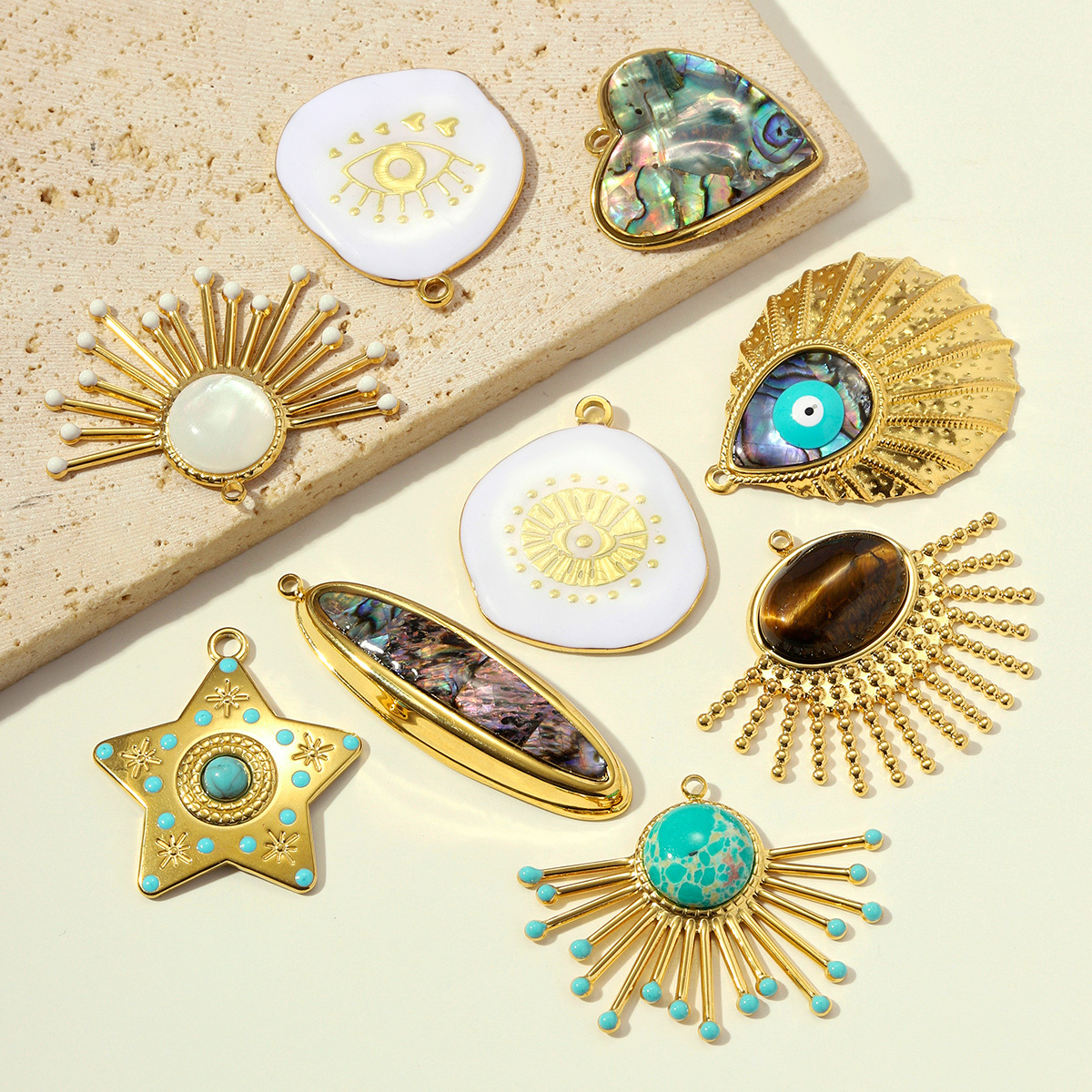 6pcs/pack Stainless Steel Natural Stone Sunburst DIY Earring Charm Star Evil Eye Necklace Pendant Woman Abalone Shell Heart Jewelry