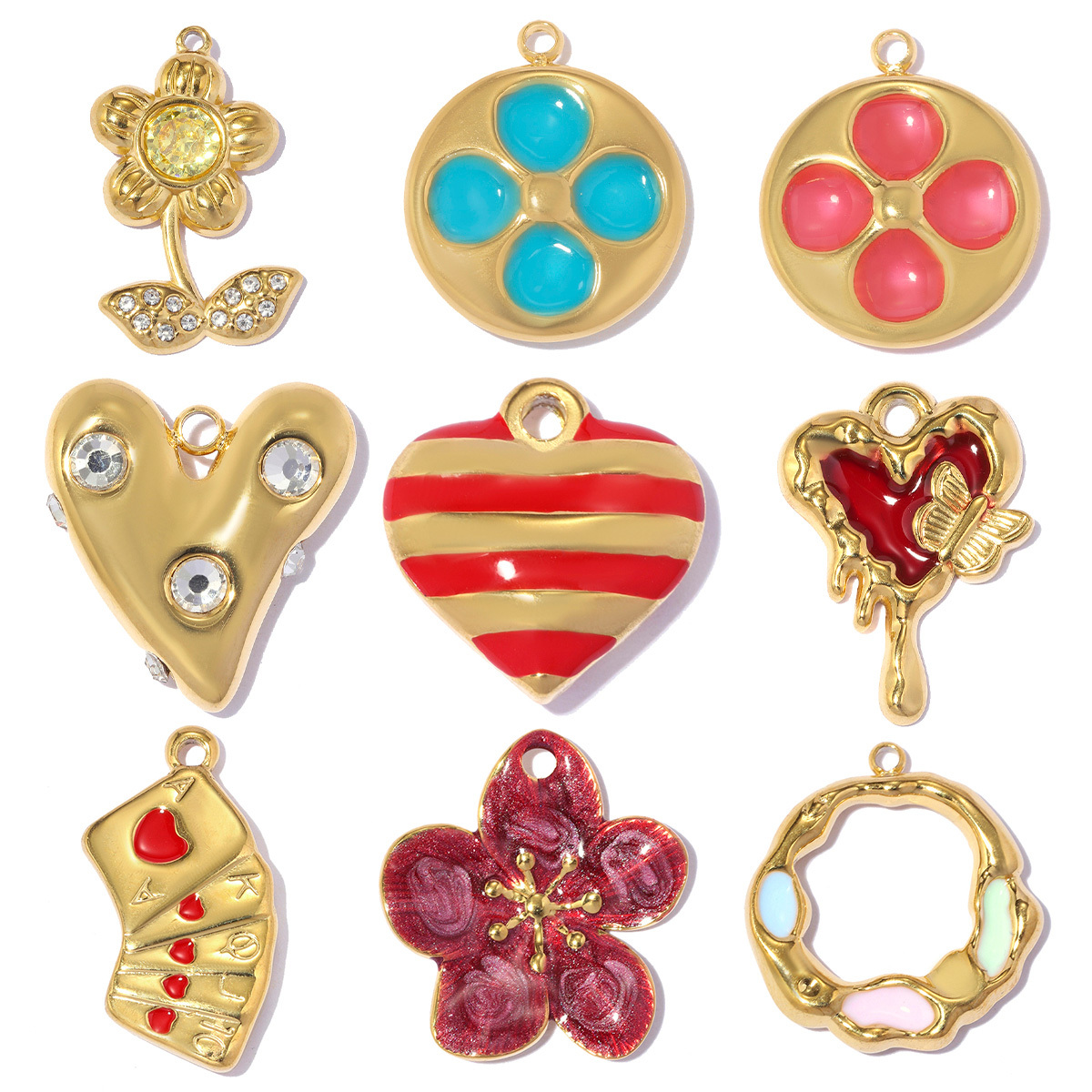 6pcs/pack Stainless Steel Rhinestone Flower Clover DIY Charms Enamel Poker Heart Necklace Pendant Butterfly Shoe Accessory Wholesale