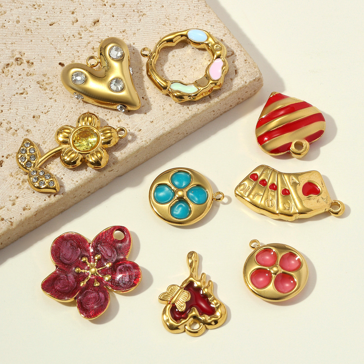 6pcs/pack Stainless Steel Rhinestone Flower Clover DIY Charms Enamel Poker Heart Necklace Pendant Butterfly Shoe Accessory Wholesale