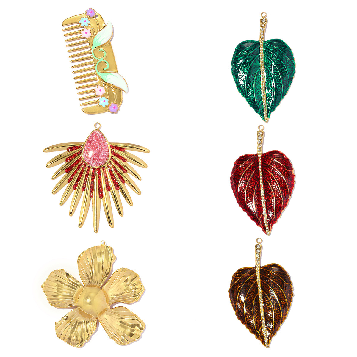 6pcs/pack Stainless Steel Rhinestone Leaf DIY Charms Big Flower Waterdrop Sun Necklace Pendants Flower Comb Jewelry Wholesale