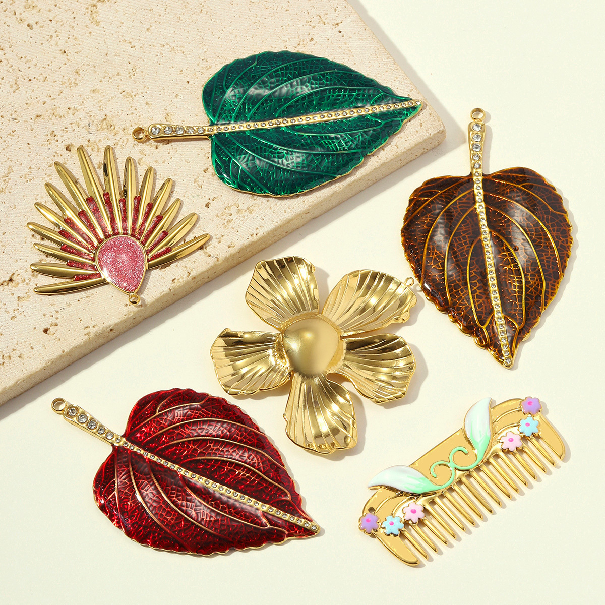 6pcs/pack Stainless Steel Rhinestone Leaf DIY Charms Big Flower Waterdrop Sun Necklace Pendants Flower Comb Jewelry Wholesale
