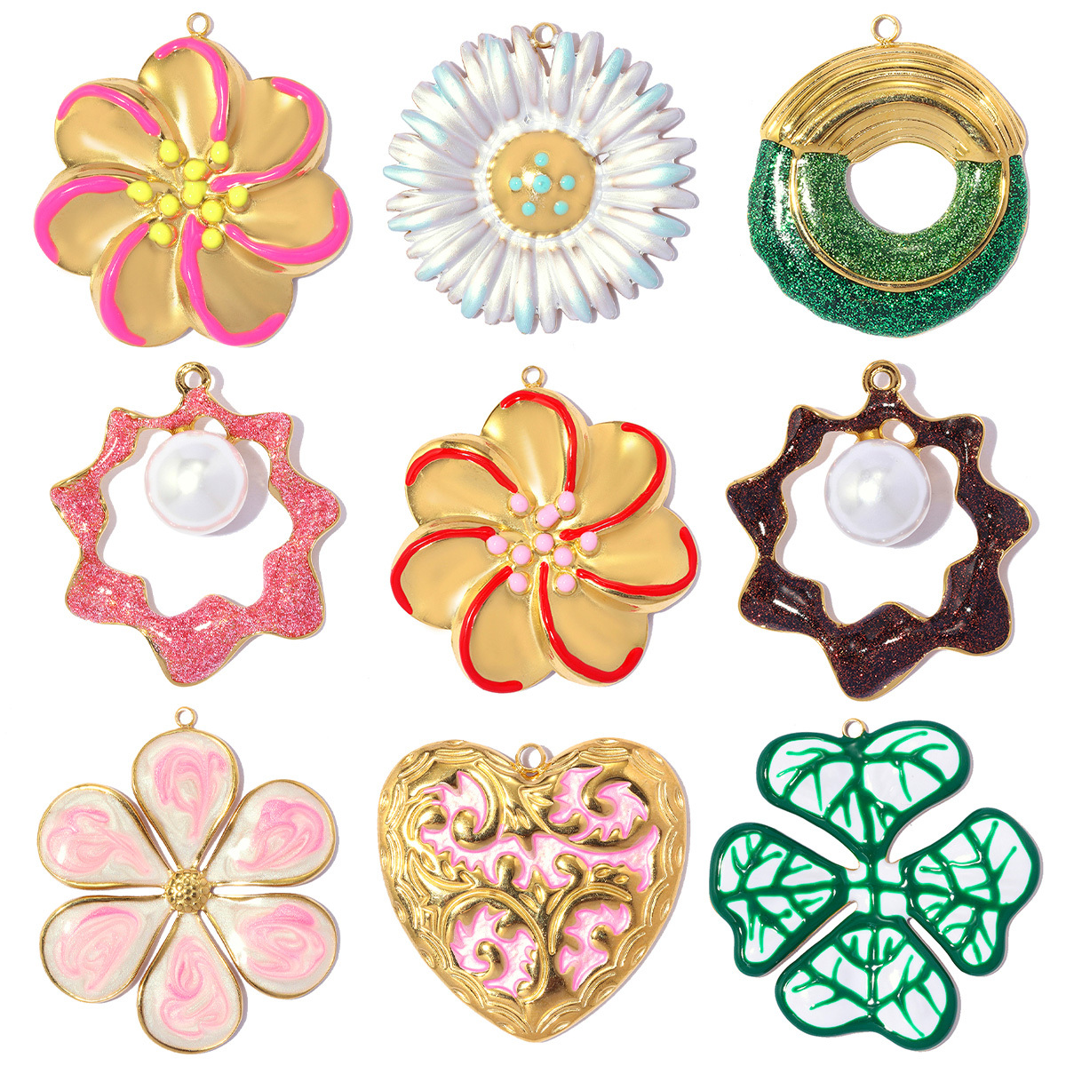 6pcs/pack Stainless Steel Enamel Daisy Clover DIY Earring Charms ABS Pearl Big Flower Necklace Pendants Round Circle Jewelry Wholesale