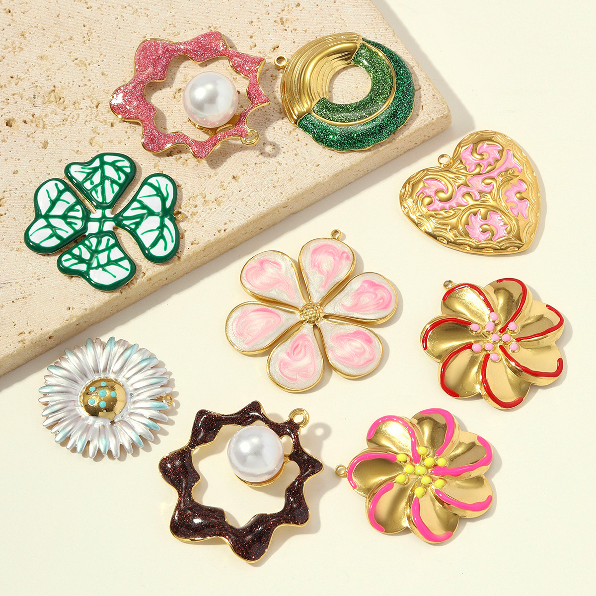 6pcs/pack Stainless Steel Enamel Daisy Clover DIY Earring Charms ABS Pearl Big Flower Necklace Pendants Round Circle Jewelry Wholesale