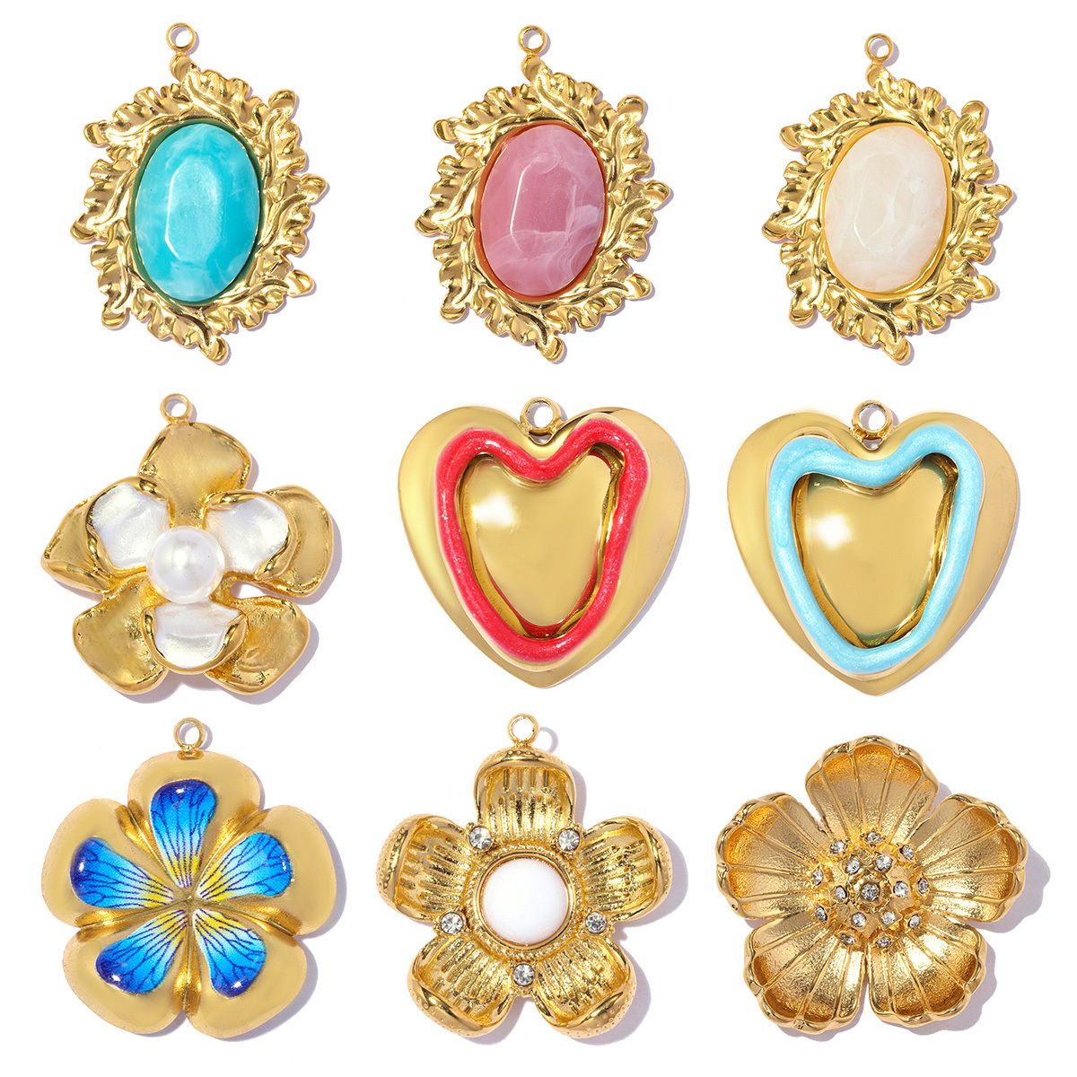 6pcs/pack Stainless Steel Natural Stone Oval DIY Charms Enamel Love Heart Necklace Pendants Five-Petaled Flower Jewelry Wholesale
