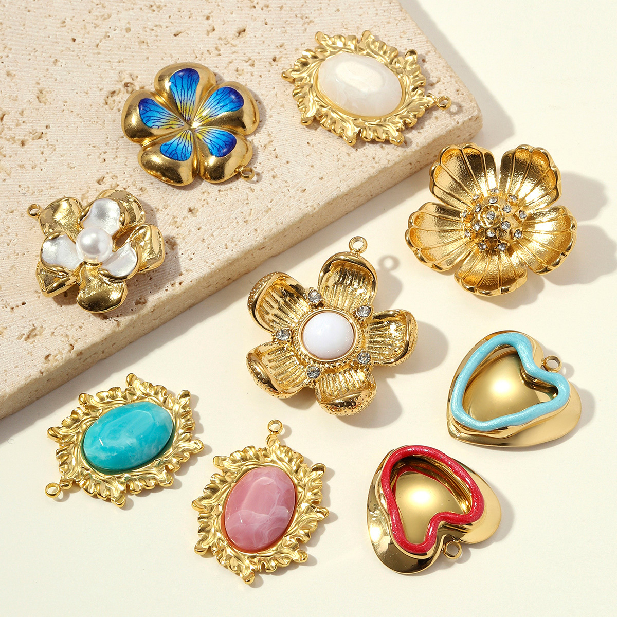 6pcs/pack Stainless Steel Natural Stone Oval DIY Charms Enamel Love Heart Necklace Pendants Five-Petaled Flower Jewelry Wholesale