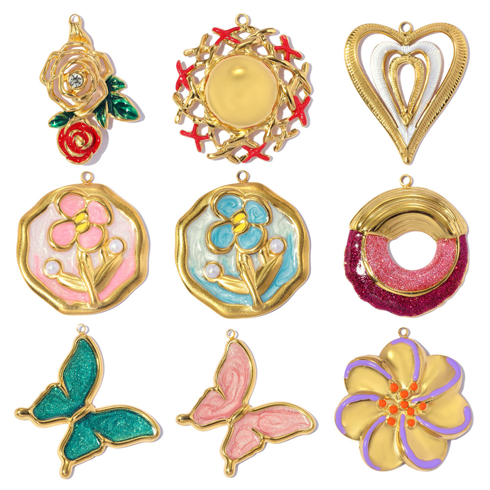 6pcs/pack French Stainless Steel Enamel Glitter Flower DIY Charms Butterfly Rose Necklace Pendants Love Heart Ring Jewelry Wholesale
